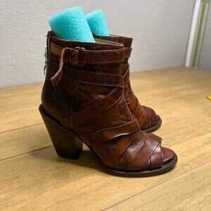 Freebird FB Joker Leather Ankle Boots Peep Toe Strappy Brown Women’s Size 7